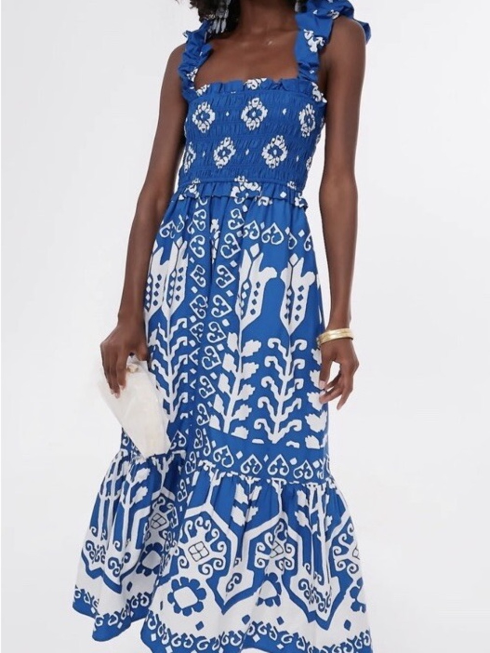 Sea New York Blue and White Printed Smocked Maxi Dress with Ruffle Straps